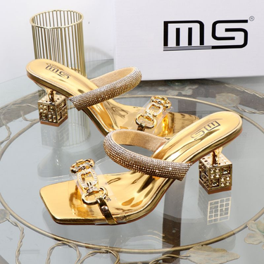 High aesthetic gold one word slipper 2024 summer new fashion thick irregular metal high heel external wear sandal_voghion.com