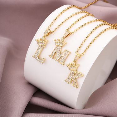 Crown 26 English letter necklace copper micro-inlaid zircon stainless steel clavicle chain female_voghion.com