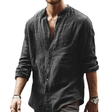 Man's clothing Men's casual men's solid color stand collar long sleeve shirt linen cardigan._voghion.com