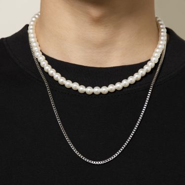 Hip-Hop Geometric Iron Pearl Chain Men'S Layered Necklaces_ipsvogv.com