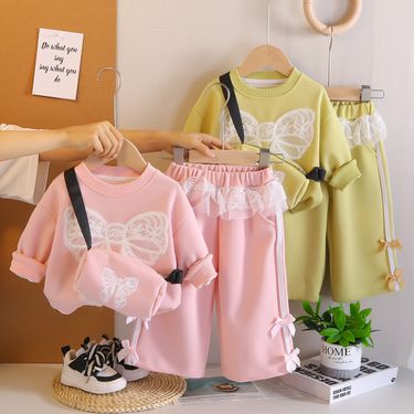 Sweet Girls' 2-Piece Bow & Lace Set – Ruffled Top + Elastic Waist Pants (80-120cm) – Spring/Fall Kawaii Outfit For Toddlers, Unisex Cute Casual Wear_voghion.com