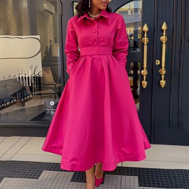 Women’s Clothing autumn new style large swing solid color lapel long sleeve A line skirt African dress_voghion.com