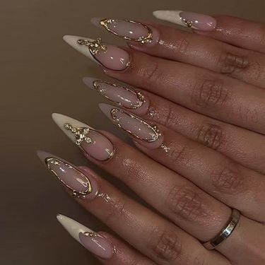 False Nails Wearable Nails White French Point Diamond Nail Art Simple Advanced False Nails Gold Line Classic Nail Tips_voghion.com