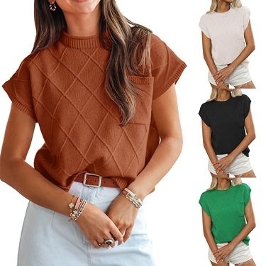 2025 New Women's Fashion Hot Item Round Neck Pocket Decorated Diamond Pattern Short Sleeve Sweater For Women_voghion.com