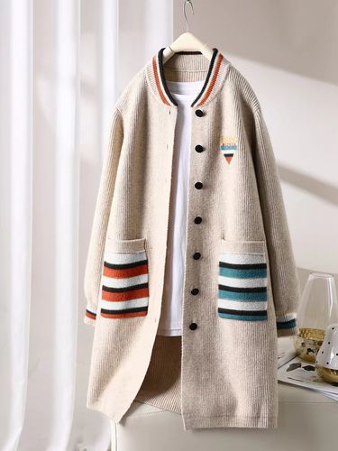 Women's Clothing Baseball collar color matching mid length knitted cardigan 2023 autumn and winter single breasted loose sweater female coat_viptrois.com