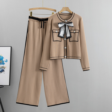 Women's fashion professional suit age-reducing temperament knit cardigan style wide leg pants two-piece set_voghion.com