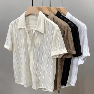 Men's Clothing New High End Hollow Lapel Short Sleeved Men's Shirt Summer Thin Loose Shirt Men's Casual Tops_voghion.com