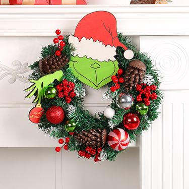 Christmas love green hair monster pine cone vine circle Christmas wreath wall hanging door hanging decoration_voghion.com