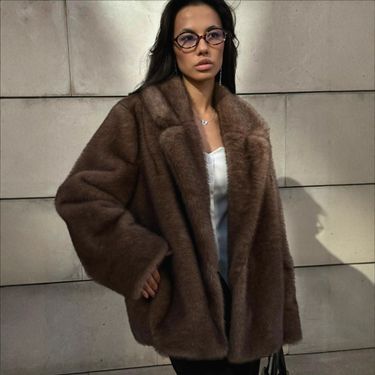 "Elegant Faux Fur Coat With Notched Collar, Long Sleeve Mid-Length Women's Winter Jacket, Luxurious Soft Mink-Like Texture_voghion.com