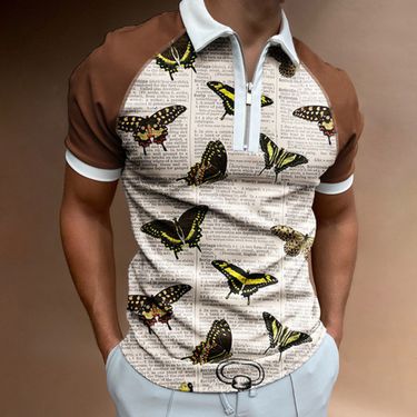 Men's 3D Butterfly Print Lapel Polo Fashion Casual Short Sleeve T Shirt_voghion.com