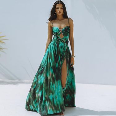Women's Clothing New Green Ink Print Hollow Swimsuit And Split Umbrella Skirt Holiday Suit_voghion.com