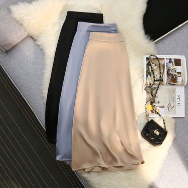 Acetate skirt women new style high-grade satin elastic waist medium-length large swing high waist skirt_voghion.com