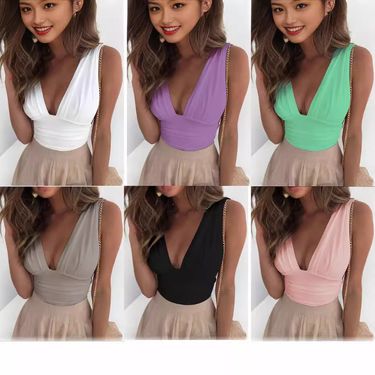 Women's Clothing Pleated Deep V Sexy Multicolor Casual Vest Women's Tops_voghion.com