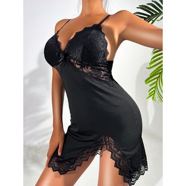 Sexy temptation lingerie lace splicing pajamas dress thong two-piece suit_voghion.com