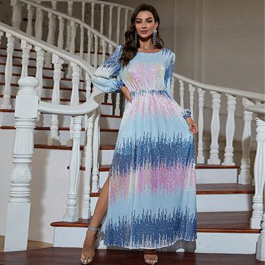 Women's Clothing Sequin embroidered beaded sequin crew neck long sleeve slim-fit sheath dress_viptrois.com