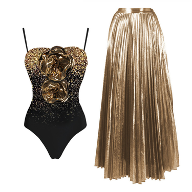 women's one-piece swimsuit women's one-piece swimsuit 3D flower decorated tube top sequin printed _viptrois.com