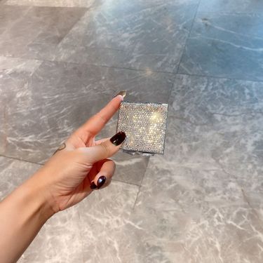 Folding Dual-Sided Handheld Makeup Mirror – HD Portable Compact Mirror With Diamond Accents, Non-Electric (PU/PS PVC Frame, Square Shape)_voghion.com