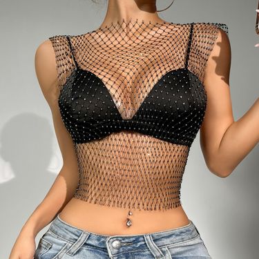 Sexy Mesh Rhinestone Clubwear Top For Women - Glitter Hollow Out Tank Tops With V-Neck & Round Neck Options_voghion.com