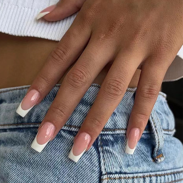 Simple French 24Pc Fake Nail with White Edge Design Wearable Acrylic False Nails with Glue Full Cover Press on s_voghion.com