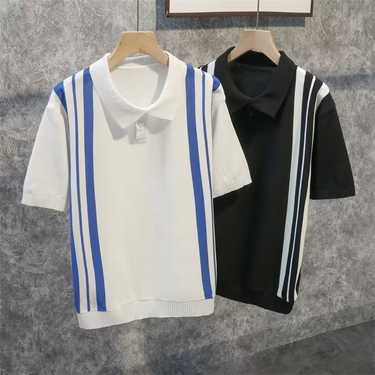 Men's Clothing lapel short sleeved Polo shirt for men in summer light mature style business casual striped color matching all match T shirt_viptrois.com
