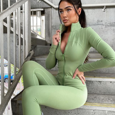 Costume de sport pour femmes, couleur unie, col zippé, manteau de sport, fitness, pantalon de yoga_voghion.com