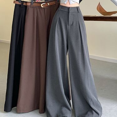 Women's Clothing High Waisted Wide Leg Pants For Women - Loose Fit Office Trousers With Elastic Waist | Flowy Dress Pants Black/Grey/Brown (S-XXL)_voghion.com