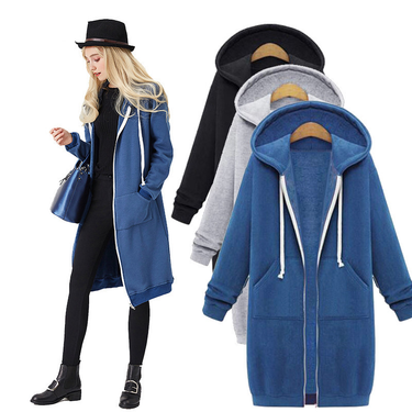 Women's Clothing Autumn and Winter Women's Clothing Hooded Long Sleeve Mid Length Sweater Fleece Long Coat_ecoleips.com