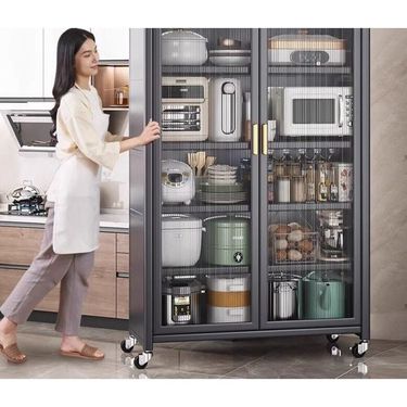 Kitchen Carbon Steel Double Multi-layer Door Microwave Oven Storage Cabinet With Wheels_voghion.com