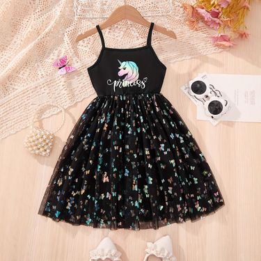 Mother & Kids INS Girls Butterfly Flower Print Mesh Splicing Children's Sling Jumpsuit Skirt_voghion.com