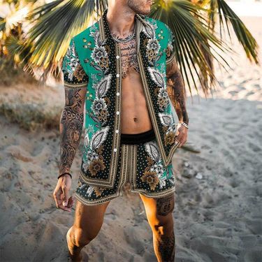 2024 Summer Men's Shirt Casual Loose Short sleeved Shorts Beach Set_mkmklike.com