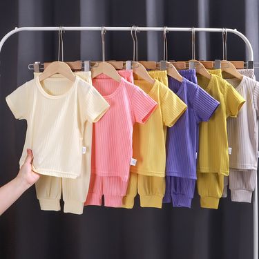 2024 Summer new children's home wear Korean casual men's and women's treasure solid color suit children's pajamas children's clothing wholesale_voghion.com