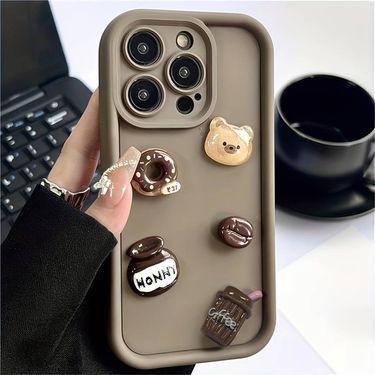 Cute 3D Bear Coffee Doughnut Phone Case For iPhone 11 12 13 14 15 Pro Max XR XS X 7 8 Plus SE Shockproof Silicone Soft_voghion.com