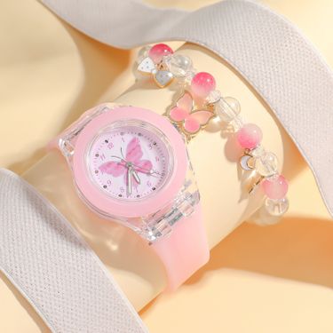 Children's Watch Set Cute Cartoon Butterfly Fashion Luminous Silica Gel Quartz Watch Beaded Butterfly Bracelet Set_voghion.com