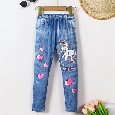 Mother&Kids Girls' imitation denim leggings Unicorn love printed pants_voghion.com