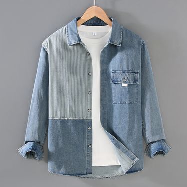 Denim Contrasting Striped Shirt For Men, Casual Loose Fitting Patchwork Fashionable Long Sleeved Shirt_voghion.com