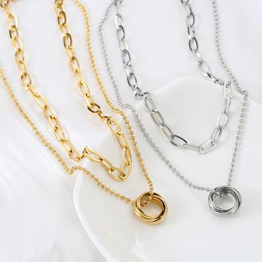 Double Stacked Neck Chain Sweater Chain Personalized Long Ring Necklace Pendant Collarbone Necklace Women_voghion.com
