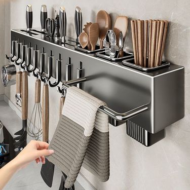 Jibaiju Gun Gray Storage Rack No-Drill Kitchen Household Multi-Functional Knife And Chopstick Organizer_voghion.com