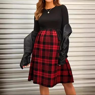 Women's breastfeeding clothing fashionable feeding dress plaid long sleeved_voghion.com