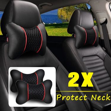 2Pcs PU Leather Knitted Car Pillows Headrest Neck Rest Cushion Support Seat Accessories Auto Black Safety Pillow_voghion.com