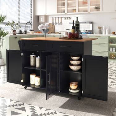 Esstischwagen Schwarz 129x91,5cm, Klappplatte, 5 Räder, 2 Schubladen Für Esszimmer_voghion.com