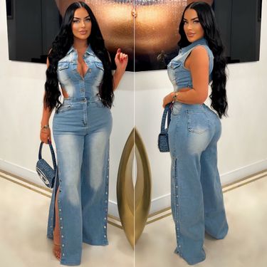 Women's Clothing tight waist slim elastic washed denim jumpsuit straight loose jumpsuit_voghion.com