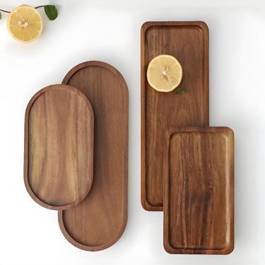 Acacia Wood Rectangular Serving Tray – Heat-Resistant Wooden Platter For Bread Tea Cups & Dining (Elegant Natural Wood Grain Finish)_voghion.com