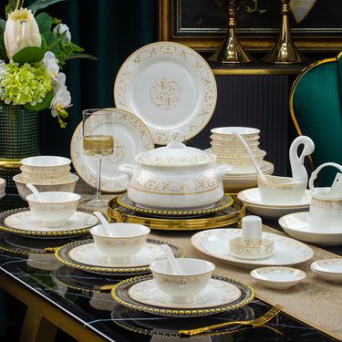 Bone Dinnerware Set – Luxury Handcrafted Round Bowls & Plates With Gold Trim (Microwave Safe Gift Box For Holidays & Weddings)_voghion.com