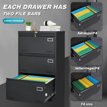 Filing Cabinet Lateral File Cabinet 3 Drawer, Blcak Locking Metal File Cabinets Three Drawer, Office Filing Cabinet with Lock Drawers for Home Office/_voghion.com