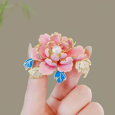 Flowers Bloom Rich Peony Flower Brooch Female Elegant Enamel Hand-painted Pearl Brooch Hanfu Cheongsam Pin Accessories_voghion.com