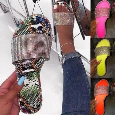 Plus Size Women's Summer New Flat Open Toe Slide Sandals With Rhinestones_voghion.com