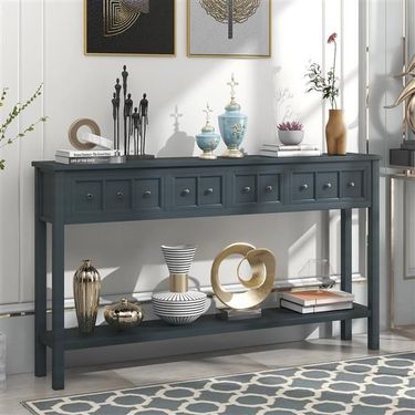 Rustic Entryway Console Table, 60' Long Sofa Table With Two Different Size Drawers And Bottom Shelf For Storage (Navy)_voghion.com