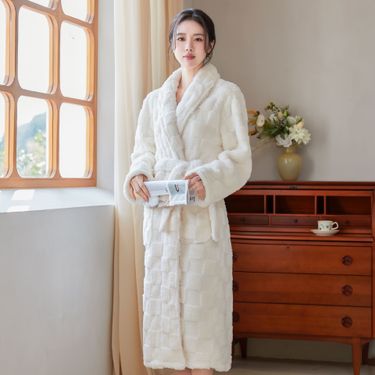 Unisex Long Flannel Robe Set With Jacquard Pattern - Cozy Fleece Bathrobe For Winter & Autumn, Home Loungewear With Open Front Design_voghion.com