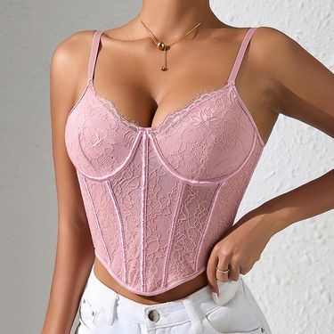 women's clothing lace camisole vest inner wear bottoming top female waist mesh fishbone wrapped chest thin style_voghion.com