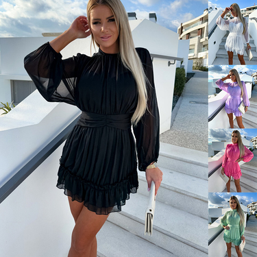 best selling women's solid color chiffon waist pleated sweet slimming dress_voghion.com